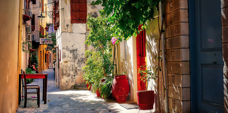 Typical colourful alley in Chania
